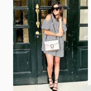 Nwot ZARA Cold Shoulder Black/White Gingham Puff Sleeve Shift Dress w/Pockets